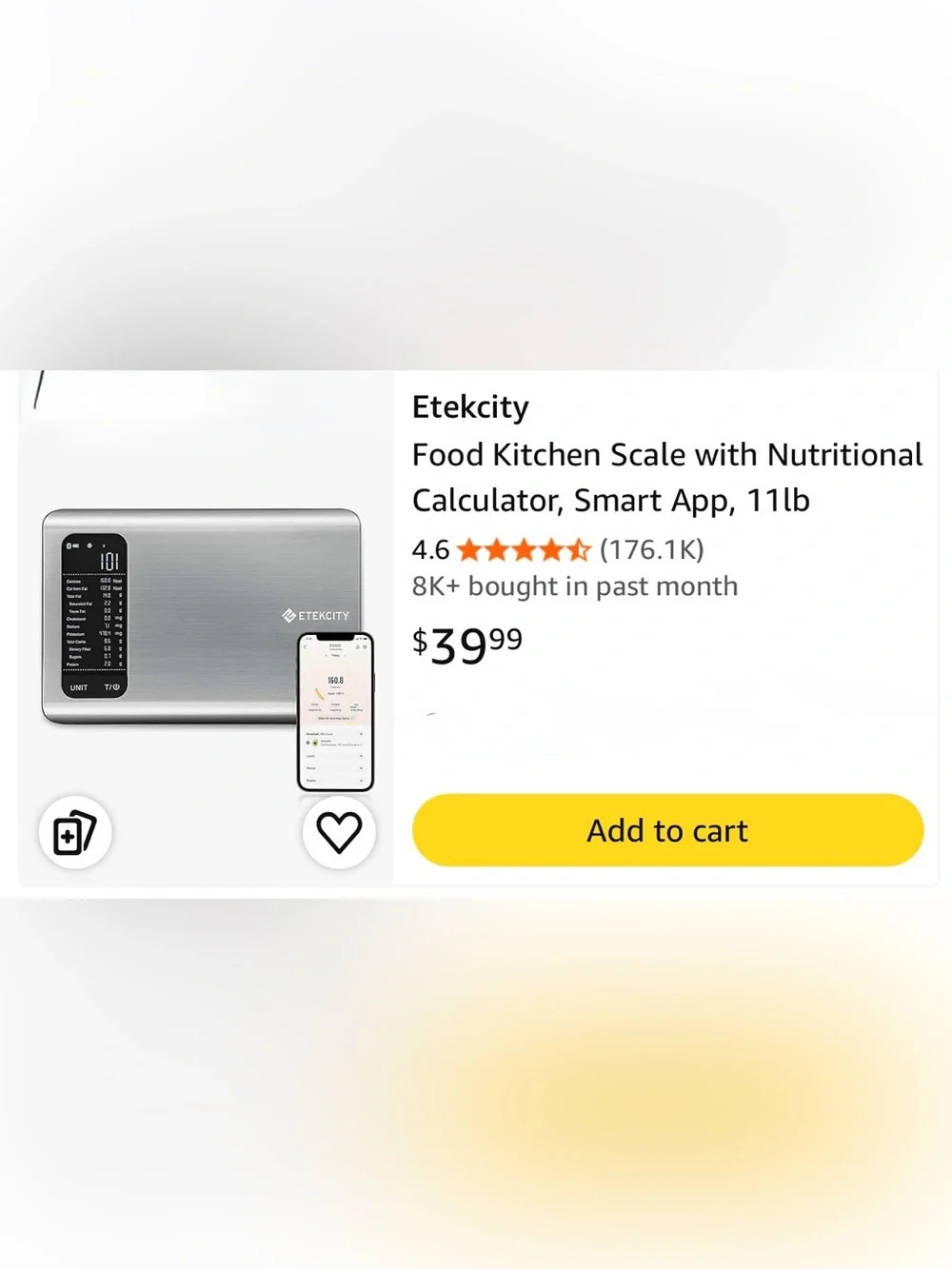 Etekcity Smart Nutrition Scale - White & Silver
